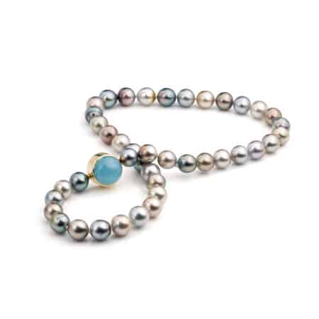 Multi-color Pearl strand with Aquamarine interchangeable clasp